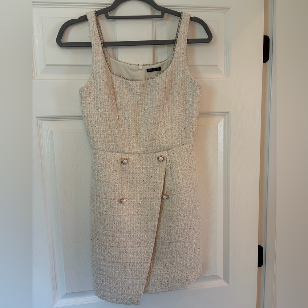 MOTF Ivory Tweed Mini Dress with Pearl Buttons